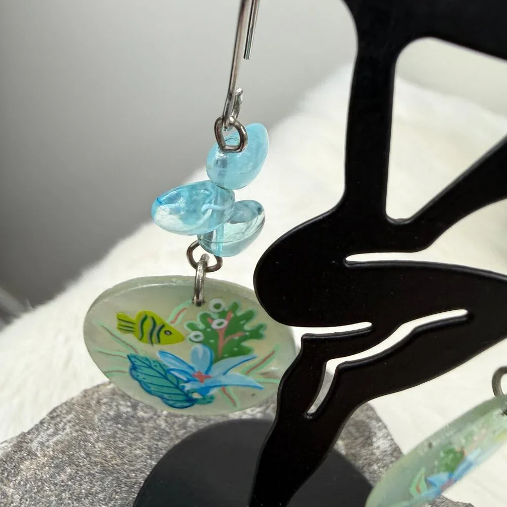 Hand Painted Fish Ocean Scene Dangle & Drop Pierced Earrings
